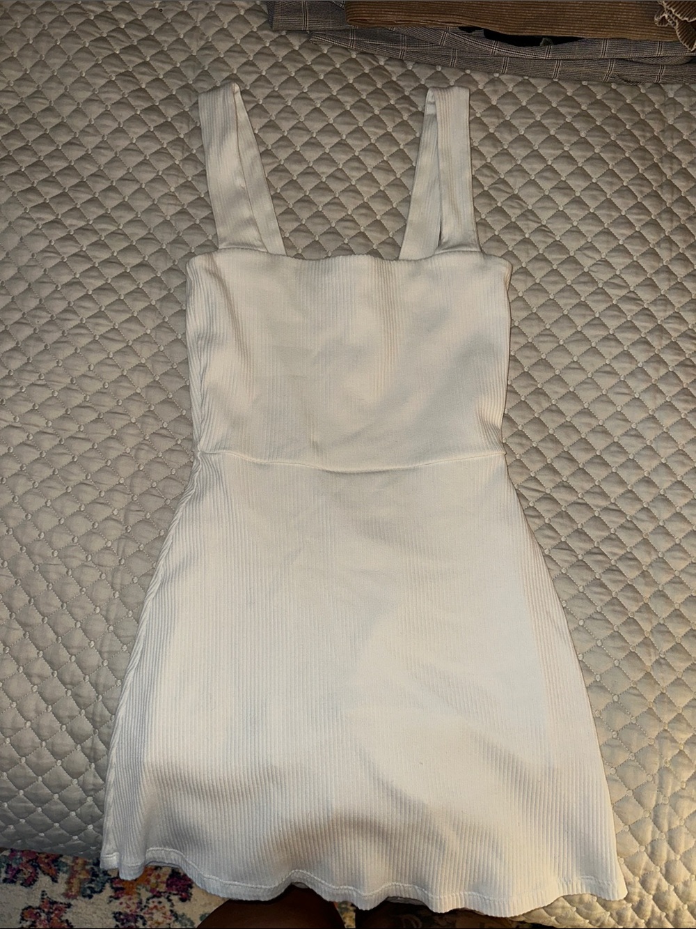 Women's White Ribbed Square-Neck Tank Dress (Built in shorts)